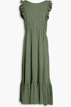 Bash Midikleid aus Baumwoll-Jersey mit Flammgarneffekt, Rüschenbesatz und Rückenausschnitt - Grün - 3