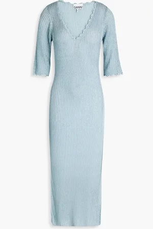 Ganni Midikleid aus Rippstrick in Metallic-Optik - Blau - XL