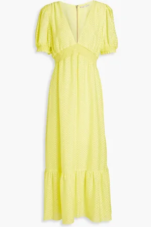 ALICE+OLIVIA Alice Olivia - Angela Midikleid aus Chiffon mit Fil Coupé und Raffung - Gelb - US 0