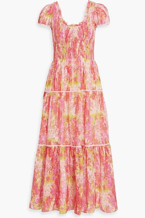LOVESHACKFANCY Elisabelle Maxikleid aus einer Baumwoll-Seidenmischung mit floralem Print und Raffung - Orange - XXS