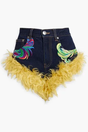 AREA Jeansshorts mit Stickereien und Besatz aus Kunstfell - Blau - US 2