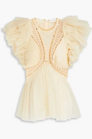 ZIMMERMANN Verziertes Oberteil aus Tüll mit Glitter-Finish und Rüschen - Weiß - 3