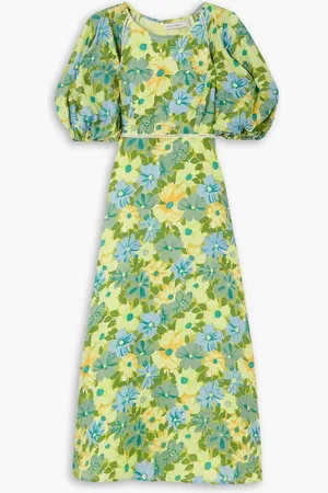 FAITHFULL THE BRAND Valerina Maxikleid aus Leinen mit Blumenprint mit Spitzeneinsätzen - Grün - UK 6