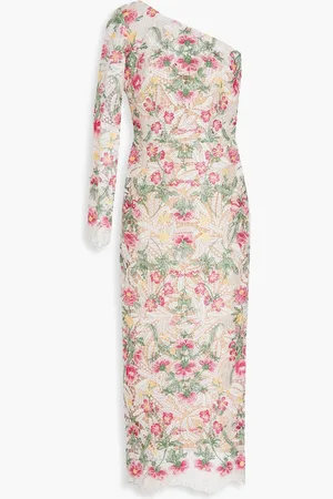 Marchesa Notte Midikleid aus Makramee-Spitze mit Stickereien und asymmetrischer Schulterpartie - - US 8