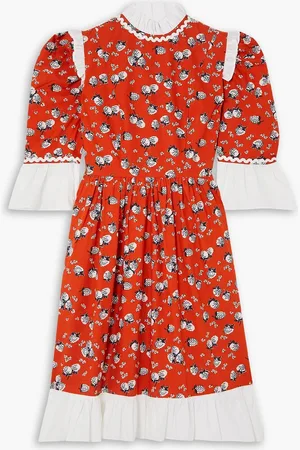 BATSHEVA Bedrucktes Minikleid aus Baumwollpopeline mit Rüschen - Orange - US 10