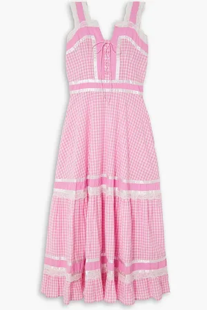 BATSHEVA Meadow Maxikleid aus Baumwollpopeline mit Gingham-Karo und Besätzen aus Satin und Spitze - - US 10