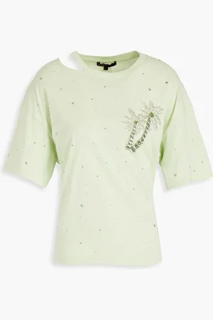 Maje T-Shirt aus Baumwoll-Jersey mit Kristallverzierung und Cut-outs - Grün - 1