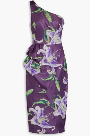 Marchesa Notte Midikleid aus floralem Jacquard mit Drapierung und asymmetrischer Schulterpartie - - US 6
