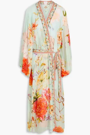 Camilla Kimono aus Seidenchiffon mit floralem Print und Kristallverzierung - Grün - ONESIZE