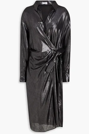 Brunello Cucinelli Midi-Wickelkleid aus Crêpe mit Metallic-Effekt und Zierperlen - - S
