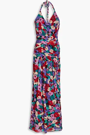 Nicholas Bedrucktes Neckholder-Midikleid aus Stretch-Mesh mit Raffungen - - US 10