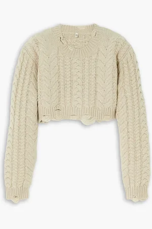 R13 Cropped Pullover aus Wolle in Distressed-Optik mit Zopfstrickmuster - Neutral - M