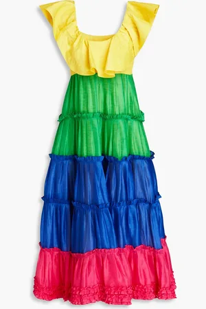 LEO LIN Gestuftes Midikleid aus einer Leinen-Seidenmischung in Colour-Block-Optik - - UK 6