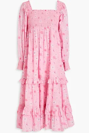 LOVESHACKFANCY Miri Midikleid aus Baumwollgaze mit floralem Print und Raffung - Pink - XS