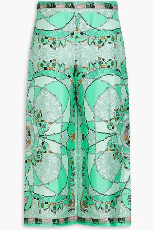 Puccini Cropped Hose mit weitem Bein aus Seiden-Twill mit Print - Grün - IT 36
