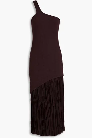 REJINA PYO Midikleid aus geripptem Jersey mit plissiertem Krepon-Einsatz und asymmetrischer Schulterpartie - Lila - UK 12