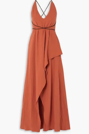 Caravana Pakaku asymmetrisches Maxikleid aus Baumwollgaze mit Lederbesätzen - - ONESIZE