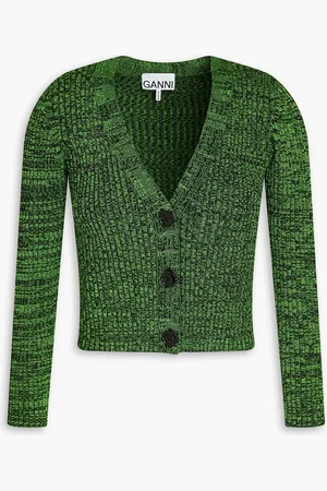 Ganni Cropped Cardigan aus meliertem Rippstrick - - XXS