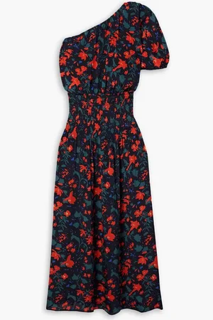 APIECE APART Marta Midikleid aus Crêpe de Chine mit floralem Print und asymmetrischer Schulterpartie - Blau - S