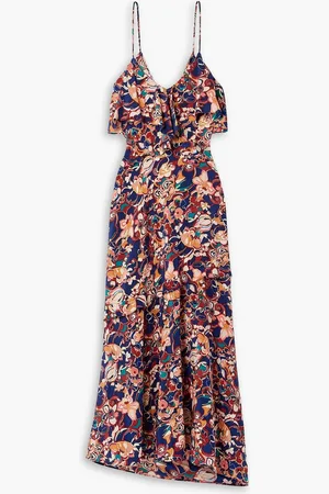 A.L.C. Penelope Midikleid aus Crêpe de Chine aus einer Seidenmischung mit floralem Print und Rüschen - Blau - US 2