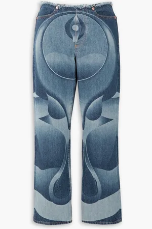 Connor Ives Mariah halbhohe Jeans mit geradem Bein, Fransen und Print - Blau - XS