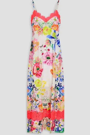 Camilla Midikleid aus Seidensatin mit floralem Print und Kristallverzierung - - XXL