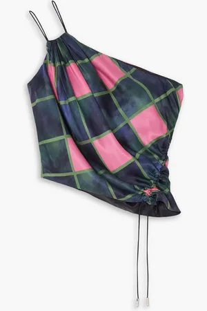Ahluwalia Patel drapiertes Oberteil aus Satin mit Print und asymmetrischer Schulterpartie - Blau - UK 12