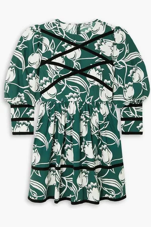 BATSHEVA Clemmie Minikleid aus Baumwollpopeline mit Blumenprint und Samtbesätzen - Grün - US 6