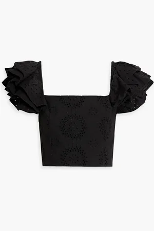 ALICE+OLIVIA Alice Olivia - Tawny Cropped Oberteil aus einer Baumwoll-Leinenmischung mit Lochstickerei und Rüschen - - US 0
