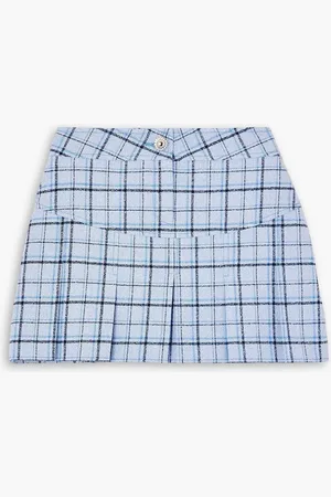 Alessandra Rich Minirock aus kariertem Tweed aus einer Wollmischung mit Zierknopf und Falten - Blau - IT 46
