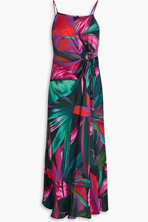 Farm Rio Bedrucktes Midikleid aus Satin mit Cut-outs und Zierperlen - Grün - XS