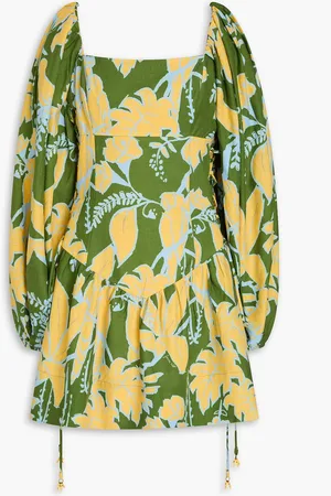 Farm Rio Minikleid aus einer Leinenmischung mit floralem Print und Schnürung - Grün - L