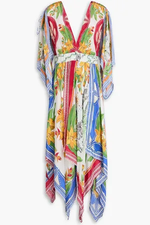 Farm Rio Bedrucktes Maxikleid aus Crêpe de Chine mit Zierperlen und Drapierung - - S
