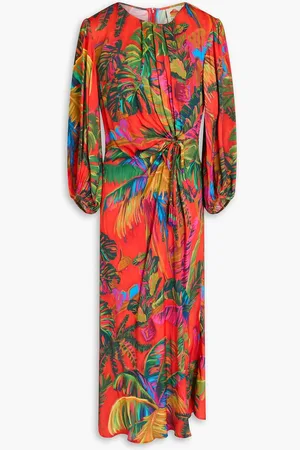 Farm Rio Gerafftes Midikleid aus Satin mit Print und Zierperlen - - S