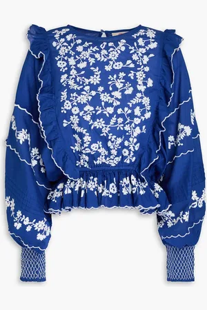 Farm Rio Bluse aus Baumwollmusselin mit Stickereien und Rüschen - Blau - S