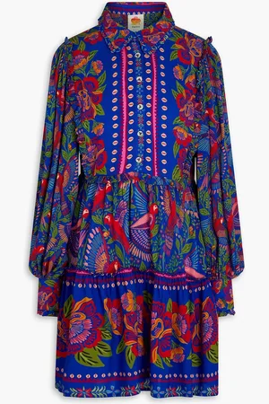 Farm Rio Bedrucktes Hemdkleid in Minilänge aus Crêpe mit Rüschen - Blau - S