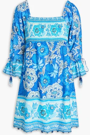 Farm Rio Schulterfreies Minikleid aus Baumwolle mit floralem Print und eingewebten Punkten - Blau - M