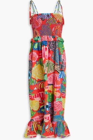 Farm Rio Bedrucktes Midikleid aus Baumwolle mit eingewebten Punkten und Zierperlen - Rot - XS