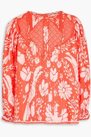 Farm Rio Bluse aus Baumwolle mit eingewebten Punkten, floralem Print und Spitzenbesatz - Orange - M