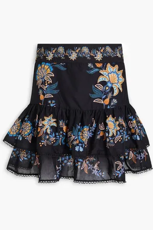 Farm Rio Gestufter Minirock aus Webstoff mit floralem Print und Häkelbesatz - - XS