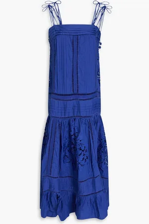 Farm Rio Maxikleid aus Baumwoll-Voile mit Einsätzen aus Guipure-Spitze und Zierperlen - Blau - S