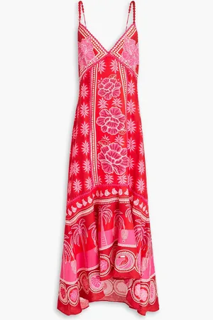 Farm Rio Bedrucktes Maxikleid aus Leinen mit Häkelbesatz - - XL