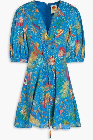 Farm Rio Bedrucktes Minikleid aus Baumwolle mit eingewebten Punkten, Verzierung und Schnürung - Blau - L