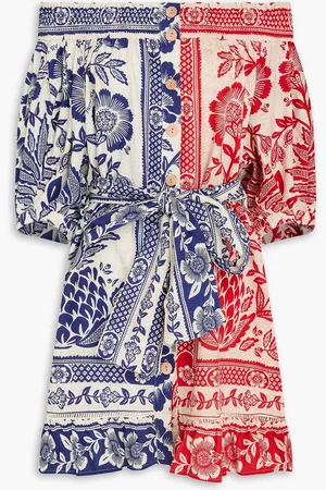 Farm Rio Schulterfreies Minikleid aus einer Leinenmischung mit floralem Print - Blau - L