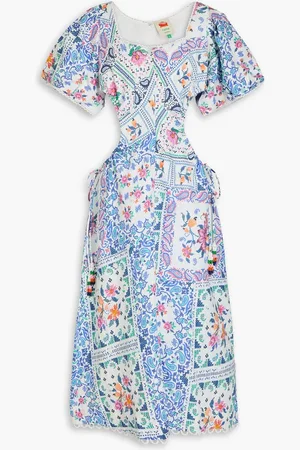 Farm Rio Verziertes Midikleid aus Leinen mit Cut-outs und Paisley-Print - Blau - L