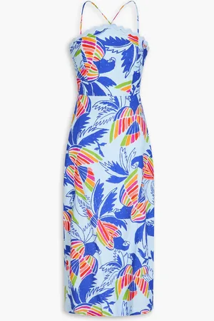 Farm Rio Midikleid aus einer Leinenmischung mit Zierperlen und Print - Blau - XL