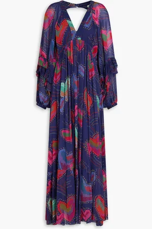 Farm Rio Maxikleid aus bedrucktem Georgette mit Cut-outs und Rüschen - Blau - S