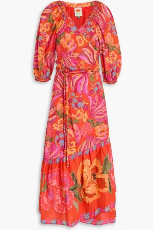 Farm Rio Midikleid aus Baumwolle mit floralem Print und eingewebten Punkten - Rot - XS
