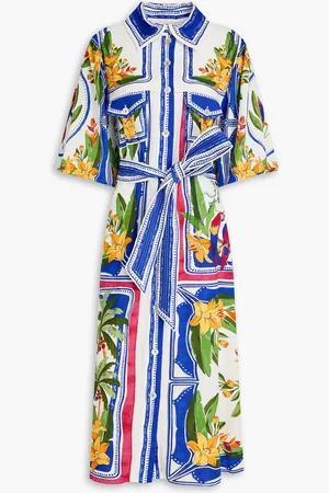 Farm Rio Hemdkleid in Midilänge aus einer Leinenmischung mit floralem Print und Gürtel - Blau - M