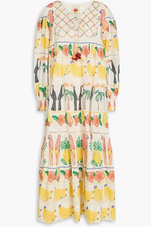Farm Rio Gestuftes Midikleid aus Baumwoll-Voile mit Print und Verzierung - - L